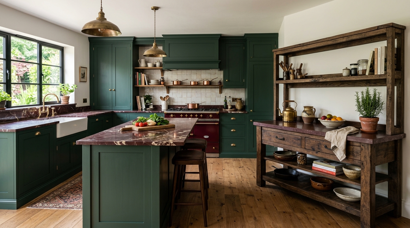Cuisine campagne chic en bois peint vert et pierre claire