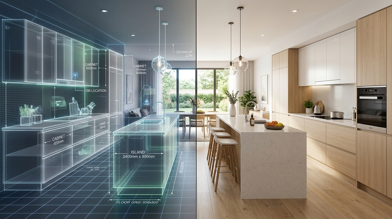 Cuisine sur-mesure contemporaine en bois clair et pierre, lumière naturelle